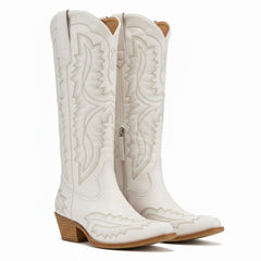 Tuhoomall Western Knee-High Cowgirl Boots with Chunky Heel and Floral Embroidery for Outdoor Fashion and Casual Wear