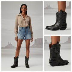 Tuhoomall Chic Mid Calf Western Boots For Women | Floral Embroidery | Slip-On Chunky Heel | Casual Fashion Footwear For Travel