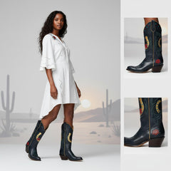 Tuhoomall Western Cowgirl Boots, Mid Calf Chunky Heel Slip-On, Floral Star Pattern, Comfortable Short Boots for Fashion Casual Lifestyle