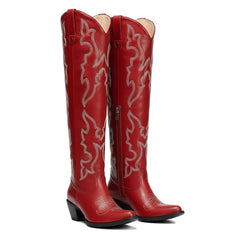 Tuhoomall Western Knee-High Boots with Elegant Embroidery, Stylish Mid Heel for Casual and Office Wear, Durable Faux Suede Leather, All-Season Fashion