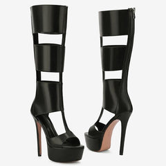 Tuhoomall Fashion High Heeled Sandals For Summer, Knee-High Boots With Waterproof Platform, Chic Casual Style, Zipper Closure Tuhoomall