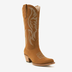 Tuhoomall Western Embroidered Pointed Toe Chunky Heel Slip-On Mid Calf Boots for Women, Retro Casual Style, Perfect for Weddings and Everyday Wear