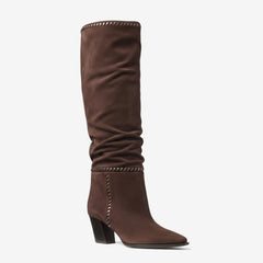 Tuhoomall Knee-High Ruffle Fashion Boots for Women, Chunky Heel, Slip-On, Stylish All-Season Wear Tuhoomall