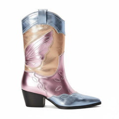 Tuhoomall Colorful Metallic Western Mid Calf Boots with Embroidery, Pointed Toe, Comfort Block Heel for Casual Wear