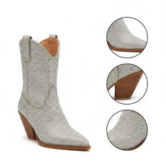 Tuhoomall Rhinestone Embellished Ankle Boots for Women, Chunky Heel 6.5 cm, Slip-On Pointed Toe Short Booties for Parties and Weddings