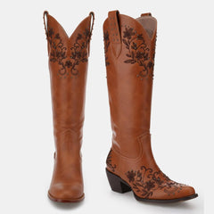 Tuhoomall Floral Studded Slip-On Cowboy Boots with Chunky Heel - Rubber Sole, All-Season Versatile Design for Casual and Formal Wear Tuhoomall