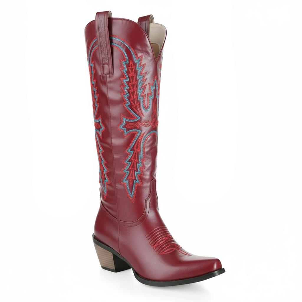 Tuhoomall Western Floral Embroidered Cowboy Boots for Women, Slip-On Low Chunky Heel, All-Season Comfort and Style Tuhoomall