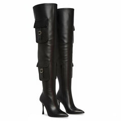 Tuhoomall Over-The-Knee Fashion Boots for Women, High Heels 9.5cm, Zipper Closure, Solid Color with Pocket and Metal Buckle, Perfect for Parties and Performances