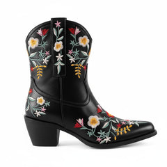 Tuhoomall Stylish Western Ankle Boots with Floral Embroidery, Rubber Sole, Chunky 5cm Heel for Classic and Casual Looks