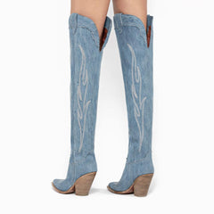 Tuhoomall Vintage Embroidered Knee-High Cowboy Boots for Women, Chunky Heel, Rubber Sole, Faux Suede Lining, Casual Fashion for Spring & Autumn
