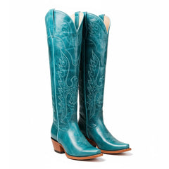 Tuhoomall Faux Suede Knee High Western Boots with Embroidered Eagles for Fashion, Travel, and Parties, 2.36 in Chunky Heel