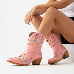Tuhoomall Stylish Western Ankle Boots with Floral Embroidery, Rubber Sole, Chunky 5cm Heel for Classic and Casual Looks