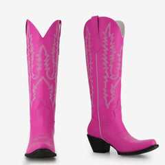 Tuhoomall Fuchsia Western Cowboy Boots With Floral Embroidery, Comfortable Knee-High Style For All Seasons