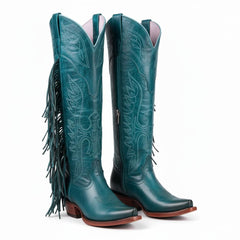 Tuhoomall Fringe Western Knee High Boots for Women, Soft Vegan Suede, Embroidered Design, Perfect for Vintage, Casual, and Party Wear