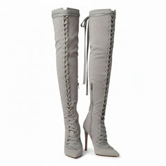 Tuhoomall Knee-High Boots For Bridal Occasion, Pointed-Toe Stiletto Heel, Lace-Up Design, Solid Color, 4" Heel Height, All-Season Wear