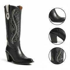 Tuhoomall Retro Studded Mid Calf Boots for Women, Pointed Toe Chunky Heel Slip-On Footwear, Stylish Casual Performance Design