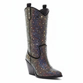 Tuhoomall Western Ankle Boots With Rhinestones, Mid Heel 3.00 in, Faux Leather, Stylish For Parties, Weddings, Performances Tuhoomall