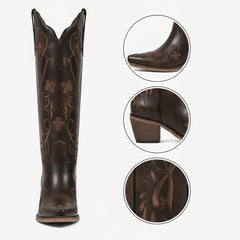 Tuhoomall Tuhoomall Western Knee-High Boots for Women, Floral Embroidered Design, Perfect for Parties, Office, and Casual Wear, 7.5 cm Classic Mid Chunky Heel