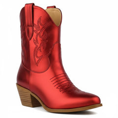 Tuhoomall Western Ankle Boots with Embroidered Pattern, 5cm Chunky Heel, Slip-On Design for Fashion and Travel, Durable Synthetic Fabric Lining