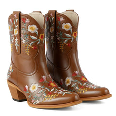 Tuhoomall Stylish Western Ankle Boots with Floral Embroidery, Rubber Sole, Chunky 5cm Heel for Classic and Casual Looks