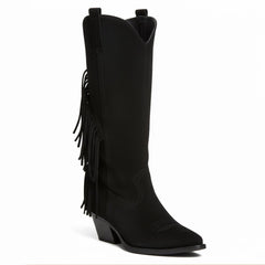 Tuhoomall Western Style Mid-Calf Boots with Tassels, Casual Fashion Footwear, Chunky Heel, Faux Suede, Zipper Closure, All-Season Design