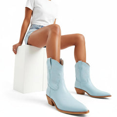 Tuhoomall Metallic Cowboy Ankle Boot with Chunky Block Heel, Pointed Toe, Embroidered Design for Casual Fashion Use, Vegan Leather, All Seasons