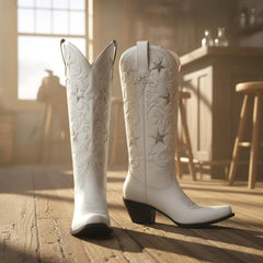 Tuhoomall Embroidered Western Boots For Women, Chunky 5.6cm Heel, Casual Wedding Style, Durable Rubber Sole, All-Season Versatility
