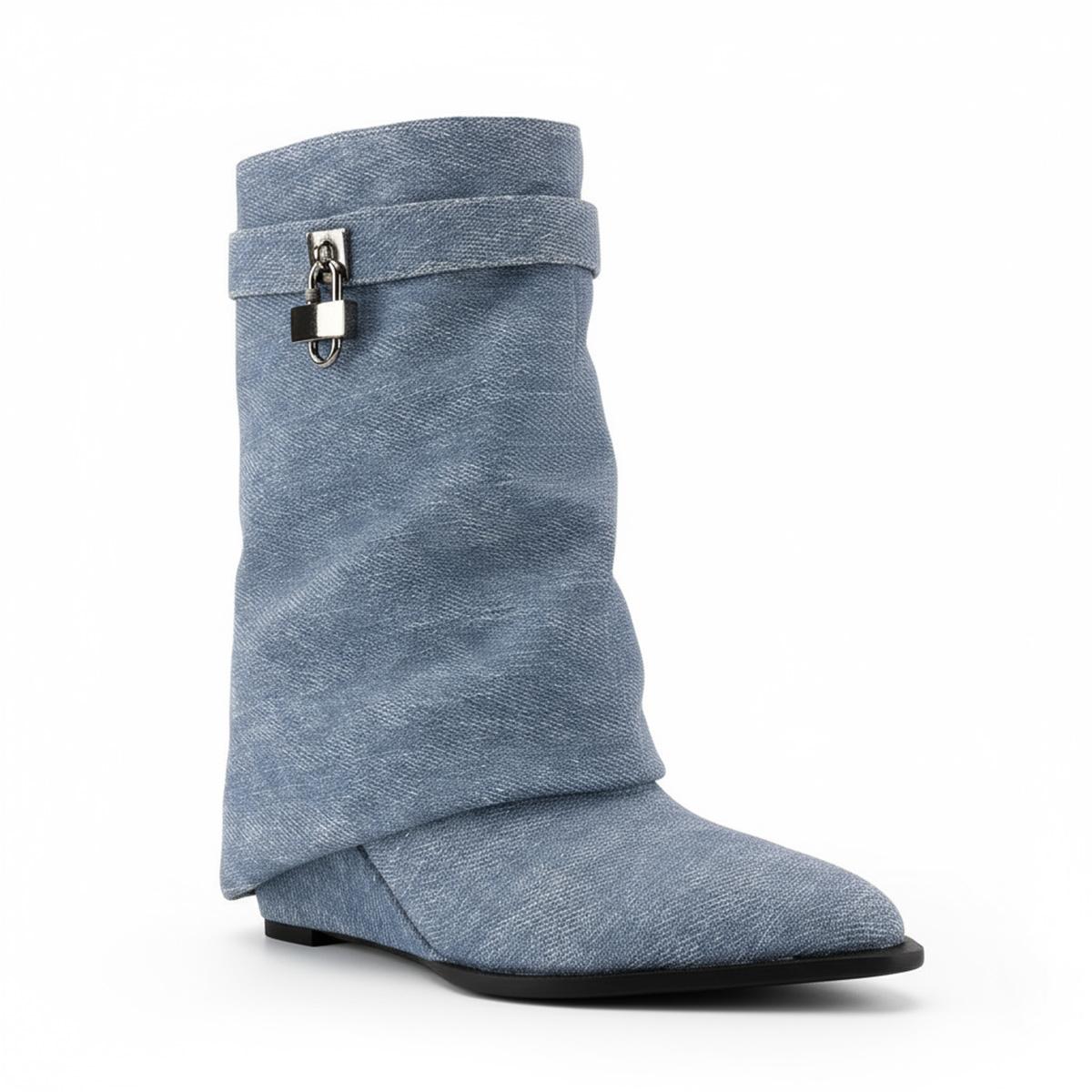 Tuhoomall Pointed Toe Wedge Ankle Boots For Women, Distressed Denim Slip-On Casual Shoes, Vintage Style Mid-Calf Boots For Parties And Daily Wear Tuhoomall