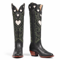 Tuhoomall Western Knee High Boots With Rubber Sole, 5cm Chunky Heel, Embroidered Sweet Pink Hearts For Casual Fashion All Year Round