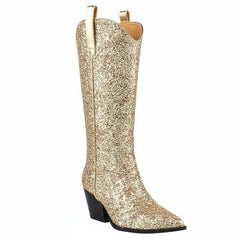 Tuhoomall Western Block Heel Ankle Boots with Glitter Detail, 2.50 in Heel Height, Stylish for Parties and Performances, Faux Leather Lining