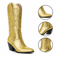 Tuhoomall Cow Pattern Western Boots for Women, Round Toe, Chunky 1.57in Heel, Casual Slip-On Mid-Calf Design, Stylish All-Season Footwear