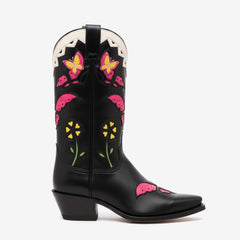 Tuhoomall Western Floral Embroidered Mid-Calf Boots - Slip-On Design, 5cm Chunky Heel, Perfect for Parties and Casual Outings Tuhoomall