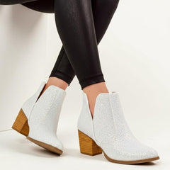 Tuhoomall Glitter Ankle Boots for Women, 3-Inch Chunky Heel, Shiny Pointed Toe, Perfect for Parties and Fashion Events