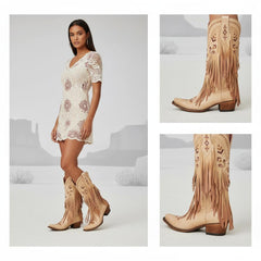 Tuhoomall Western Cowgirl Mid Calf Boots - Snip-Toe, Chunky Heel, Embroidered Fringe Design for Outdoor Style