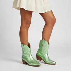 Tuhoomall Western Ankle Boots with Embroidered Pattern, 5cm Chunky Heel, Slip-On Design for Fashion and Travel, Durable Synthetic Fabric Lining