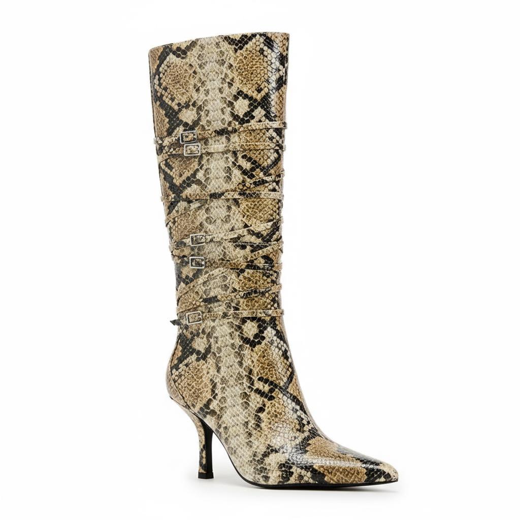 Tuhoomall Fashion Casual Knee High Boots for Women, Snakeskin PU, Pointed Toe, Adjustable Buckle, Rubber Sole, Chic Street Style Tuhoomall