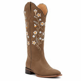 Tuhoomall Comfortable Floral Embroidered Western Boots for Women, Chunky Low Heel, Faux Suede with Rubber Sole, Perfect for Casual and Office Wear Tuhoomall