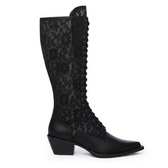 Tuhoomall Knee-High Boots With Lace-Up Design, Pointed Toe, Rubber Sole, Vintage Style, Embroidered Mesh, Casual All-Season Footwear