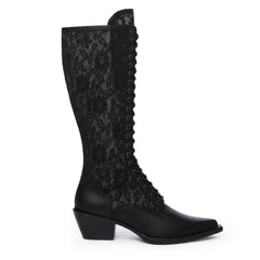 Tuhoomall Knee-High Boots With Lace-Up Design, Pointed Toe, Rubber Sole, Vintage Style, Embroidered Mesh, Casual All-Season Footwear Tuhoomall