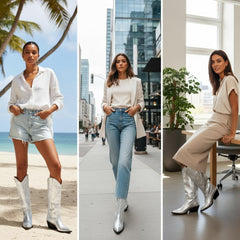 Tuhoomall Metallic Silver Western Mid Calf Boots With Stitched Detailing For Fashion, Travel, And Parties - Comfortable 2.36" Heel