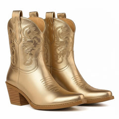 Tuhoomall Comfortable Western Ankle Boots for Fashion, Travel, and Leisure - Embroidered Genuine Leather, 5.5cm Chunky Heel, Slip-On Design