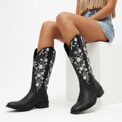 Tuhoomall Comfortable Western Boots for Women - Floral Embroidered Design, Slip-On Style, Outdoor Fashion - Perfect for Everyday Wear