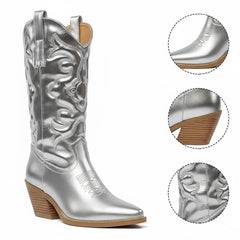 Tuhoomall Comfortable Western Boots for Women – 6cm Low Chunky Heel, Slip-On Design with Floral Embroidery - Fashionable All-Season Style