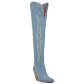 Tuhoomall Vintage Embroidered Knee-High Cowboy Boots for Women, Chunky Heel, Rubber Sole, Faux Suede Lining, Casual Fashion for Spring & Autumn