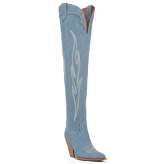 Tuhoomall Vintage Embroidered Knee-High Cowboy Boots for Women, Chunky Heel, Rubber Sole, Faux Suede Lining, Casual Fashion for Spring & Autumn Tuhoomall