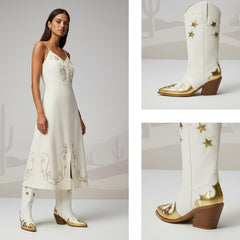Tuhoomall Off White Star Metallic Gold Applique Wide Mid Calf Boots Slanted Heeled Cowgirl Boots