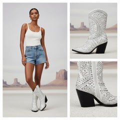 Tuhoomall Western Style Chunky Heel Boots for Women, 10cm Faux Suede with Rivet and Rhinestone Accents, Easy Zipper Closure for Parties and Performances