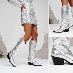 Tuhoomall Metallic Silver Western Mid Calf Boots With Stitched Detailing For Fashion, Travel, And Parties - Comfortable 2.36" Heel