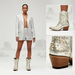 Tuhoomall Chunky Heel Western Short Ankle Boots for Women - Studded Design, Slip-On Comfort, Versatile for Travel and Weddings