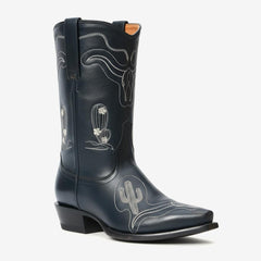 Tuhoomall Western Boots with Bullhead and Cactus Patterns, Embroidered Detail, Low Chunky Heel, All-Weather, Classic Design for Everyday Wear Tuhoomall